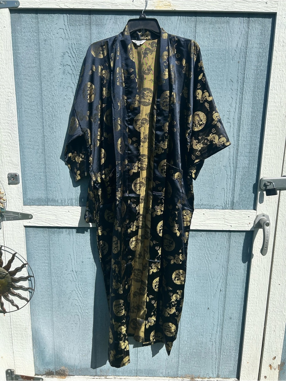 Whitby Black Satin Kimono with Gold Oriental Print